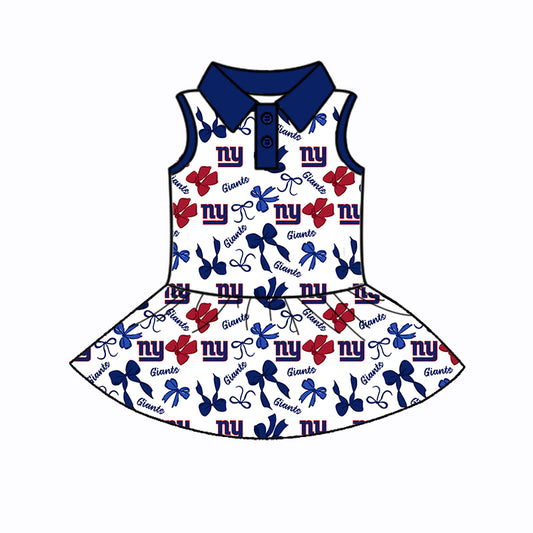 Preorder (moq 5)Baby Girls Sleeveless Bows Plaid NY Giants Button Team Knee Length Dresses