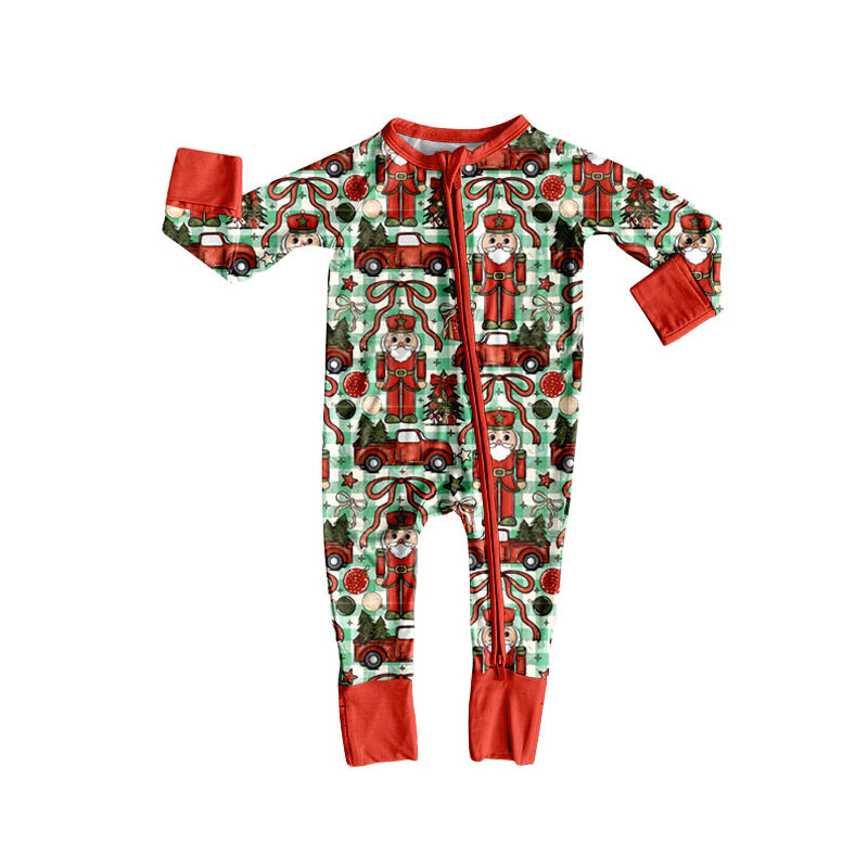 Preorder (moq 20)Baby Boys Bamboo Green Checked Soldiers Trees Christmas Zippy Footie Rompers