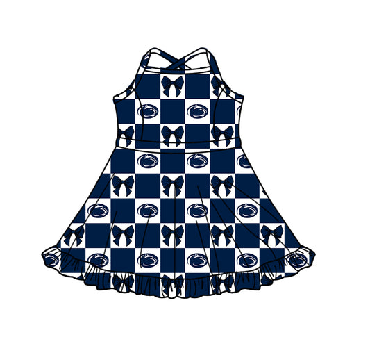 Preorder (moq 5) Baby Girls Strap Bows Lions Checked Team Short Knee Length Dress
