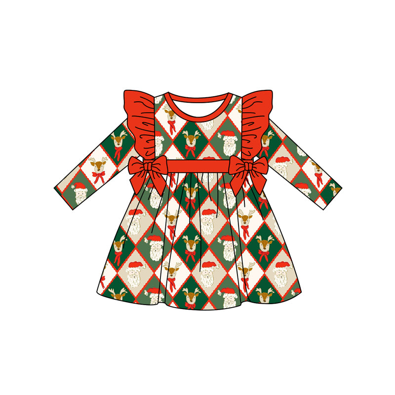 Preorder (moq 5)Baby Girls Long Sleeves Santa Deer Plaid Knee Length Dresses