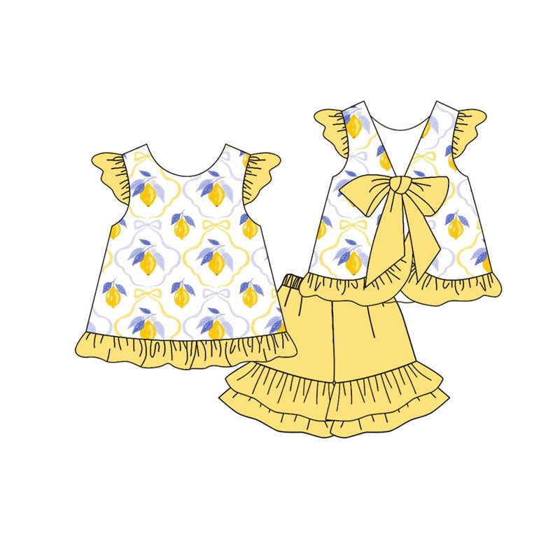 Preorder(moq 5) Baby Girls Yellow Lemons Checked Back Bow Tunic Ruffle Shorts Clothes Sets