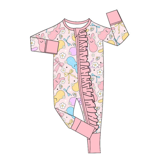 Preorder (moq 5)Baby Girls Colorful Flowers Rabbits Easter Ruffle Zipper Footie Rompers