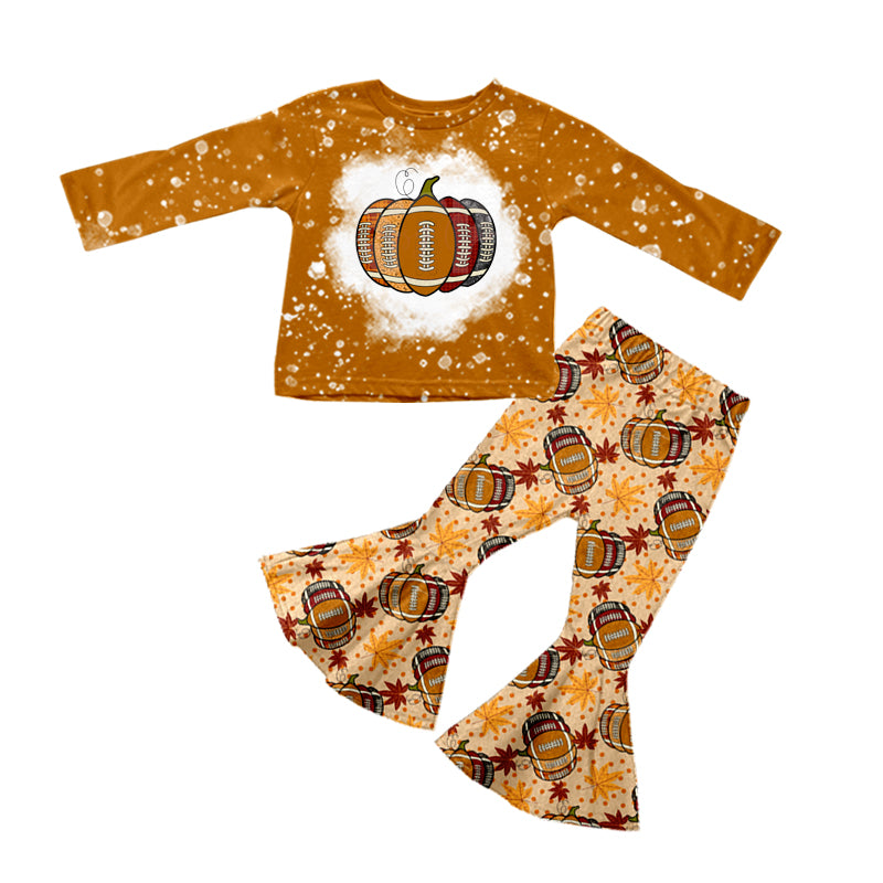 Preorder (moq 5)Baby Girls Long Sleeves Football Pumpkins Top Bell Bottom Pant Set