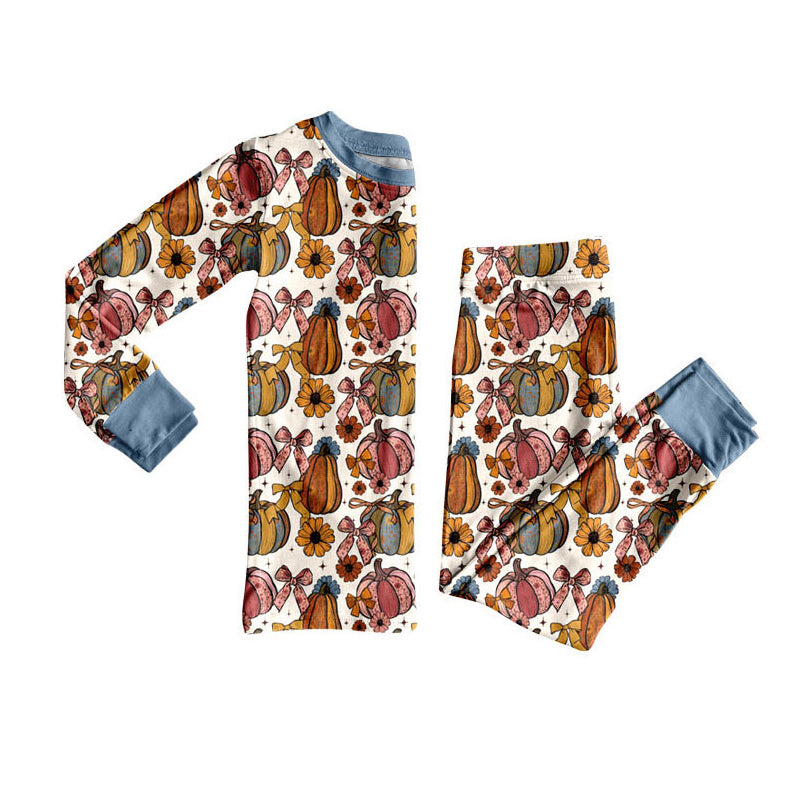 Preorder (moq 5)Baby Girls Flower Pumpkins Plaid Top Pants Fall Pajamas Clothes Set