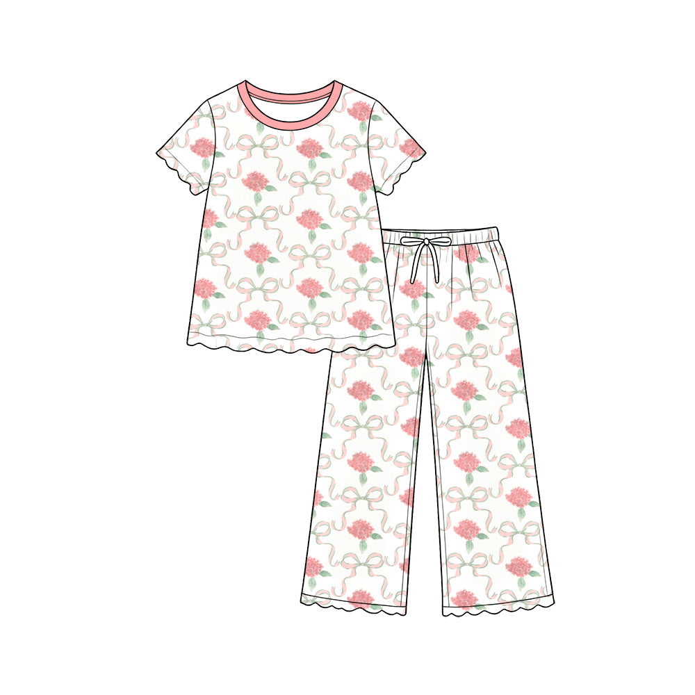 Preorder (moq 5) Baby Girl Clothes Pink Hydrangea Bow Mixed Print Short Sleeve Scallop Pajama Pant Set