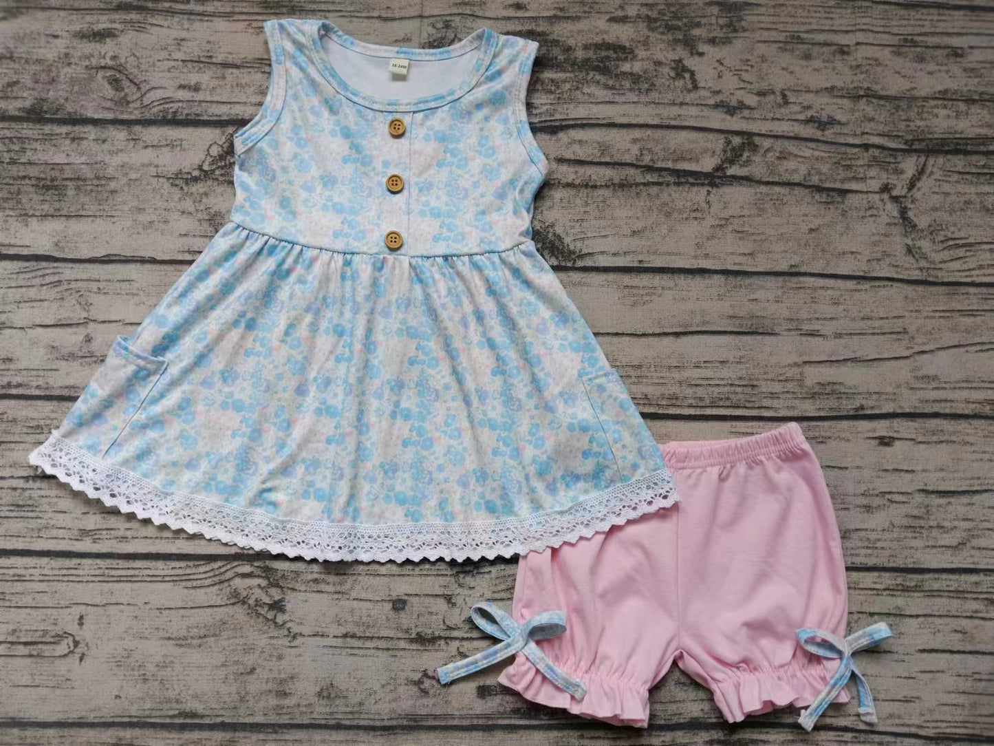 Baby Girls Blue Flowers Ruffle Tunic Top Shorts Sets preorder (moq 5)