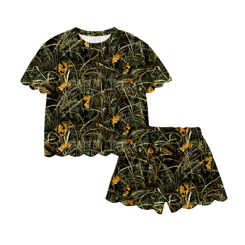 Preorder (moq 5)Baby Girls Southern Leaves Camo Top Scallop Shorts Clothes Sets