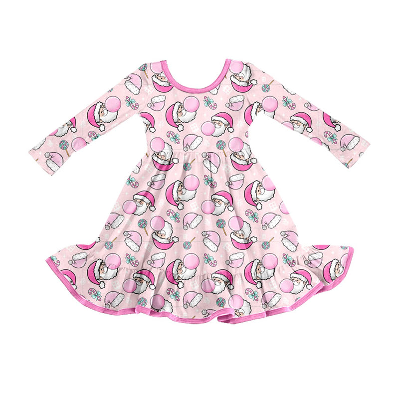 Preorder (moq 5)Baby Girls Pink Santa Candy Cane Christmas Ruffle Long Sleeves Knee Length Dress