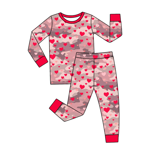 Preorder (moq 5) Baby Girl Clothes Grey Camo Red Heart Mixed Print Long Sleeve Pajama Set