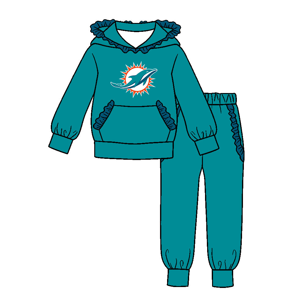 Preorder (moq 5)Baby Girls Green Dolphins Pocket Ruffle Hoodie Joggers Team Clothes Set