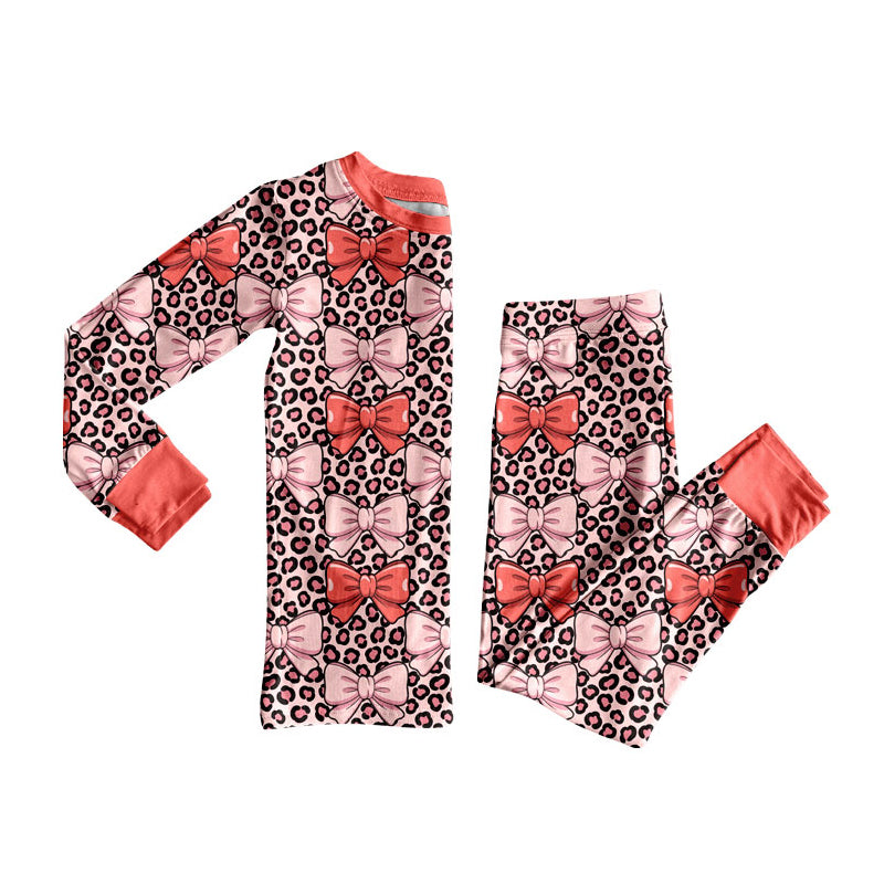 Preorder (moq 5)Baby Girls Peach Leopard Bows Top Pants Pajamas Sets
