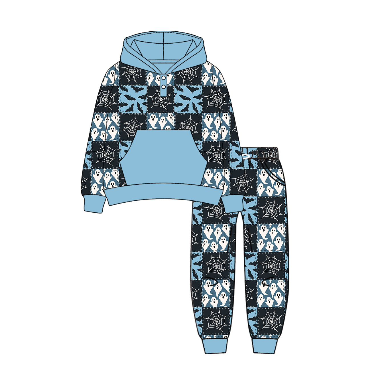 Preorder (moq 5)Baby Boys Blue Long Sleeves Ghost Bats Plaid Pocket Button Hoodies Legging Pant Sets