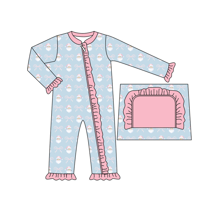 Preorder moq 5 Baby Infant Girls Long Sleeves Pink Bows Santa Plaid Ruffle Zipper Romper
