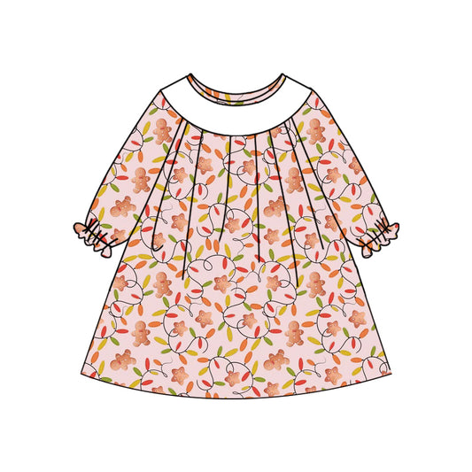 Preorder (moq 5)Baby Girls Pink Long Ruffle Sleeves Lights Gingerbread Plaid Knee Length Dresses