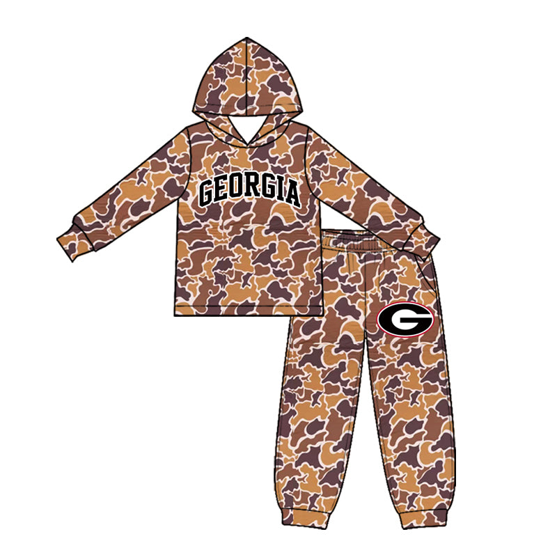 Preorder (moq 5) Baby Boy Clothes Georgia Team Orange Brown Camo Print Long Sleeve Hoodie Jogger Pant Set