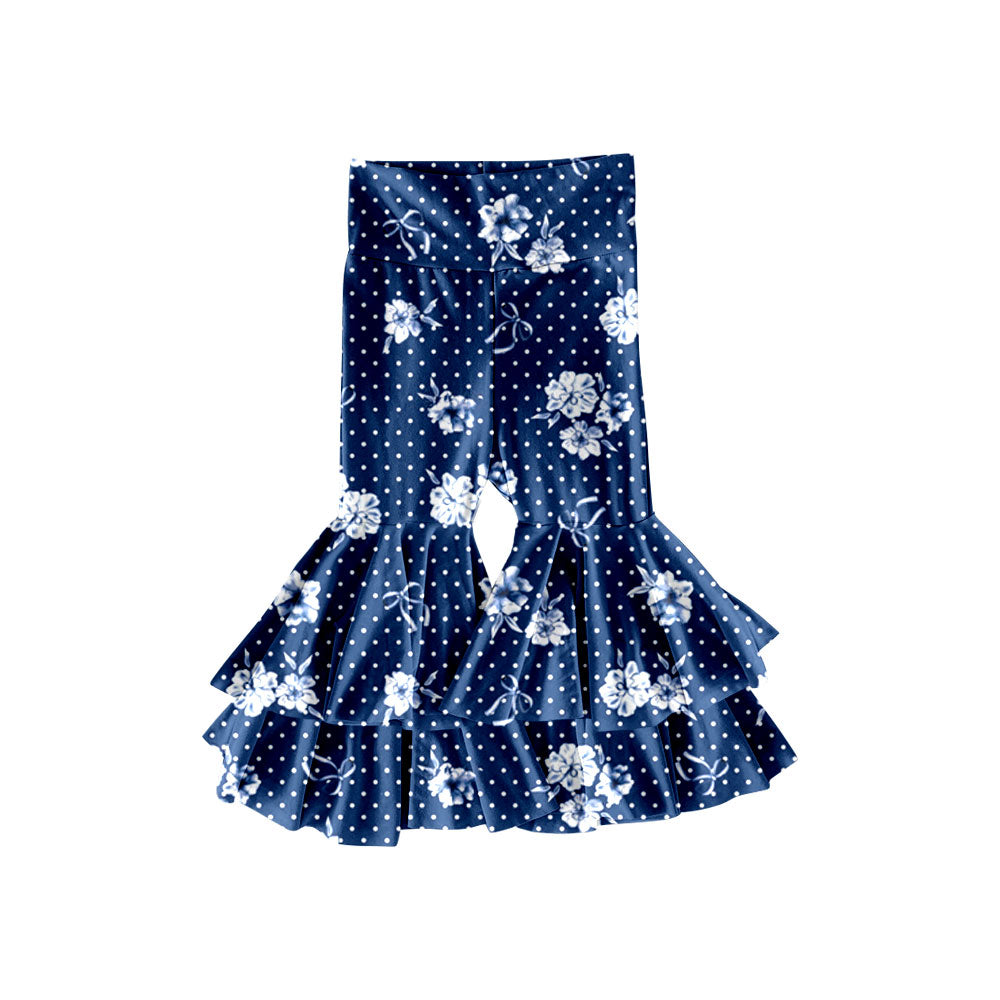 Preorder(moq 5) Baby Girls Navy Polka Dots Flowers Ruffle Bell Bottom Pants