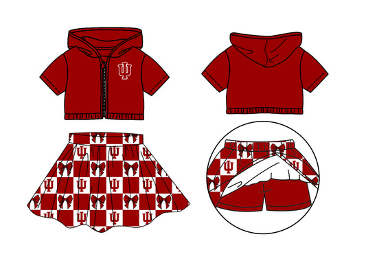 Preorder (moq 5)Baby Girls Red Kokomo Bows Zip Hoodie Jackets Skirt Short Team Clothes Sets
