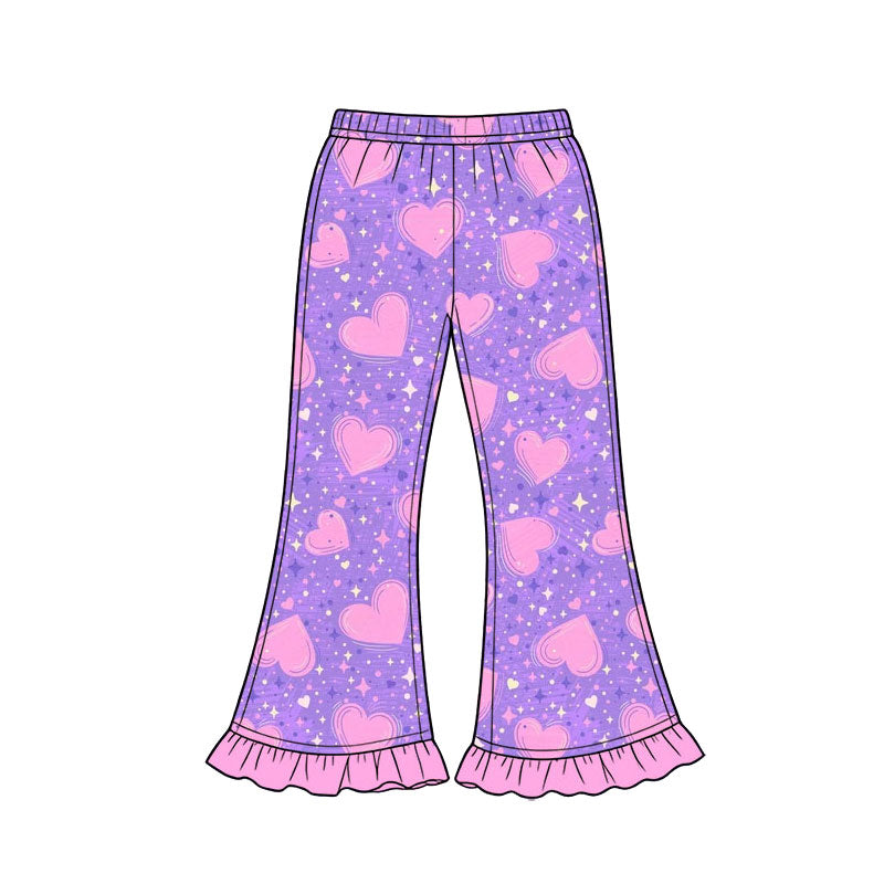 Preorder (moq 5) Baby Girl Clothes Purple Star Pink Heart Print Ruffle Hem Flare Pants