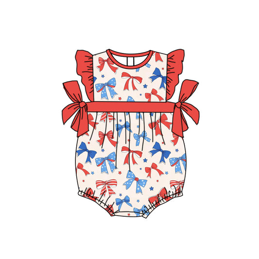 Preorder moq 5 Baby Girls Flutter Sleeves Blue Red Bows Stars 4th Of July Ruffle Rompers