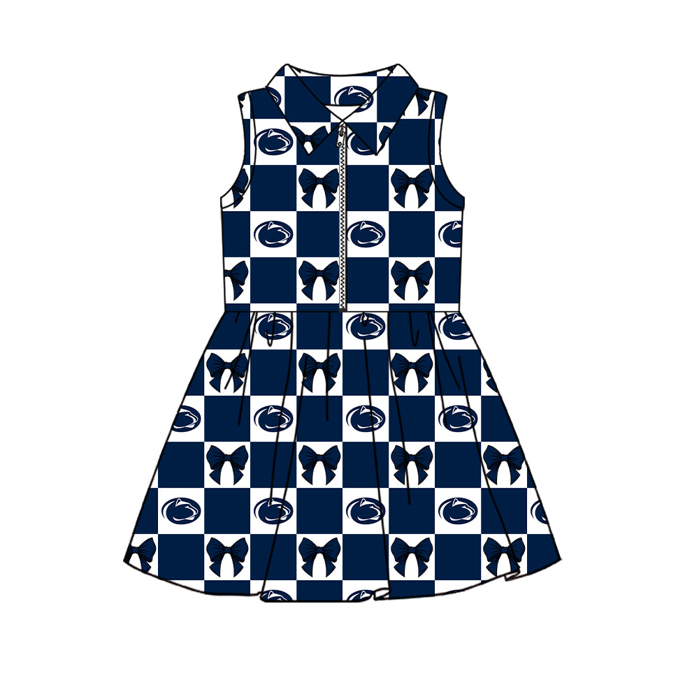 Preorder (moq 5) Baby Girls Sleeveless Bows Lions Checked Team Zip Knee Length Dress