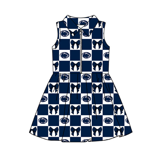 Preorder (moq 5) Baby Girls Sleeveless Bows Lions Checked Team Zip Knee Length Dress