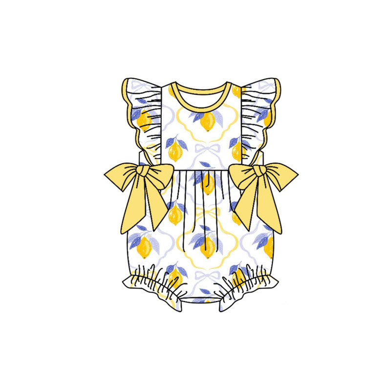 Preorder (moq 5)Baby Girls Yellow Lemons Checked Flutter Sleeve Bows Ruffle Rompers