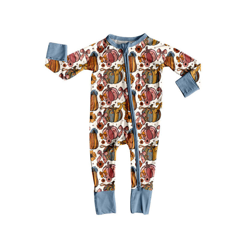 Preorder(moq 5)Baby Boys Flower Pumpkins Plaid Fall Zipper Footie Rompers