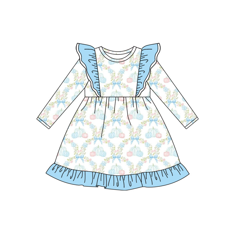 Preorder (moq 5)Baby Girls Long Sleeves Blue Bows Floral Pumpkins Plaid Knee Length Dresses
