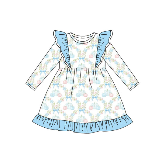 Preorder (moq 5)Baby Girls Long Sleeves Blue Bows Floral Pumpkins Plaid Knee Length Dresses