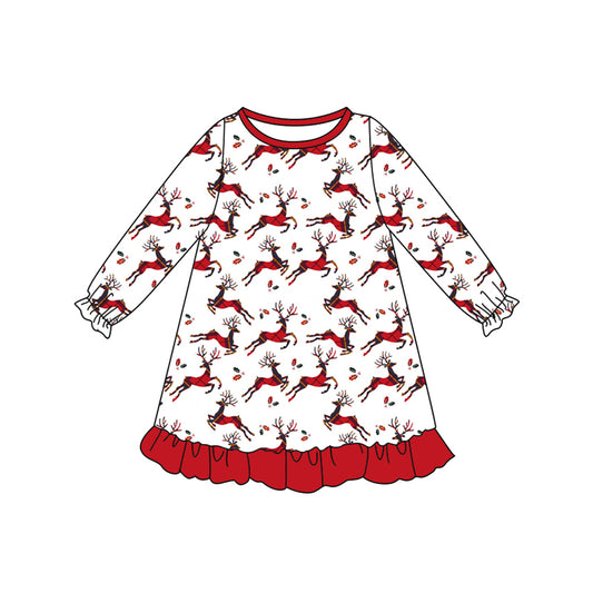 Preorder (moq 5)Baby Girls Long Sleeves Red Deer Holly Plaid Ruffle Knee Length Dresses