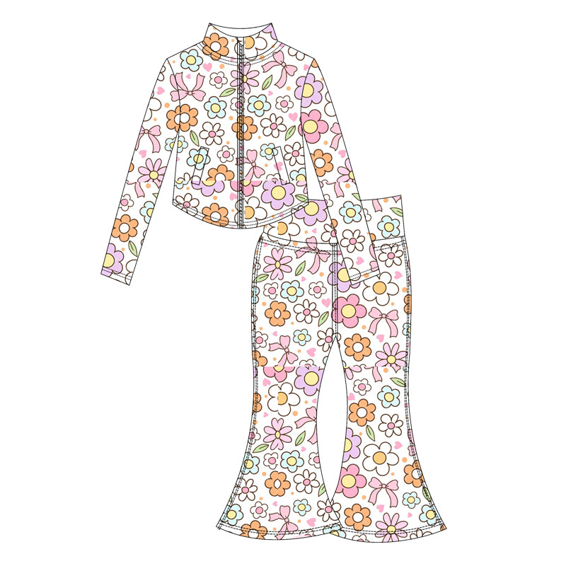 Preorder moq 10 Baby Girls Colorful Flowers Bows Long Sleeves Pockets Zipper Top Bell Bottom Pant Activity Wear Yoga Set