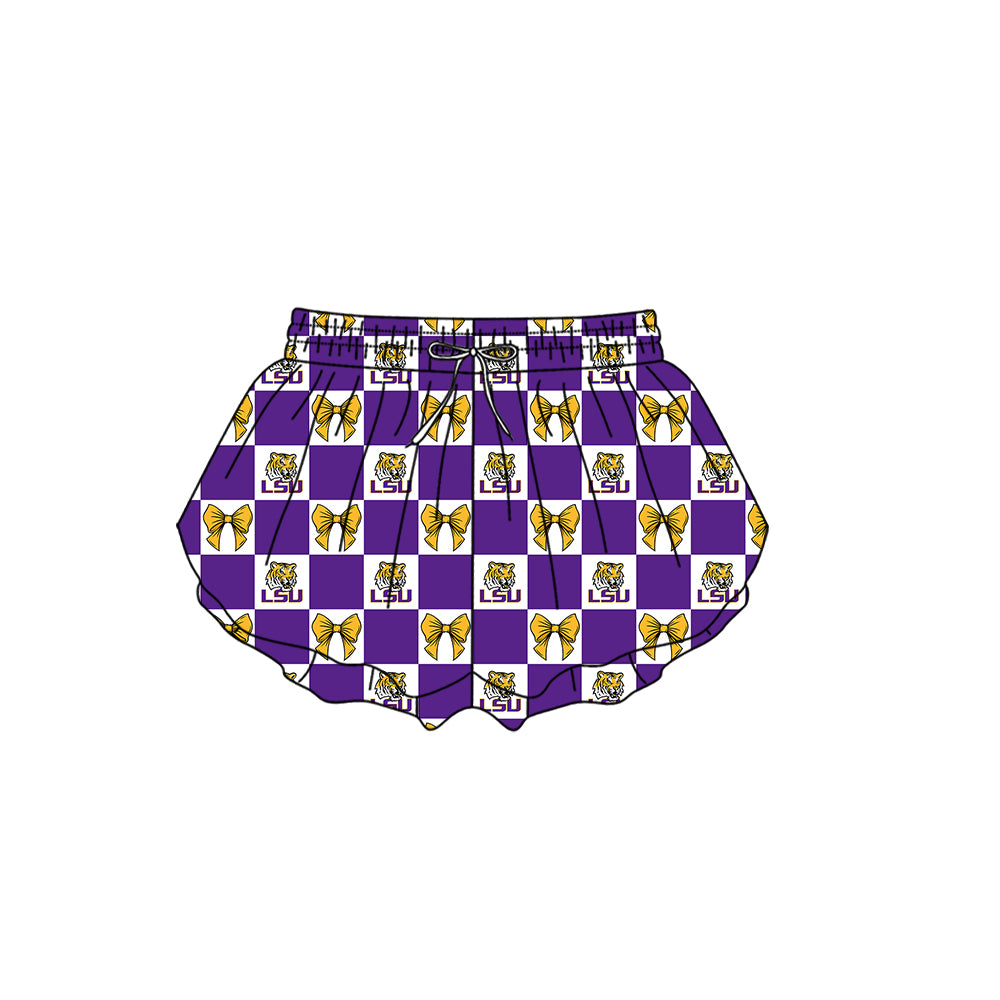 Preorder (moq 5)Baby Girls LSU Tigers Bows Checked Team Ruffle Shorts Bottom