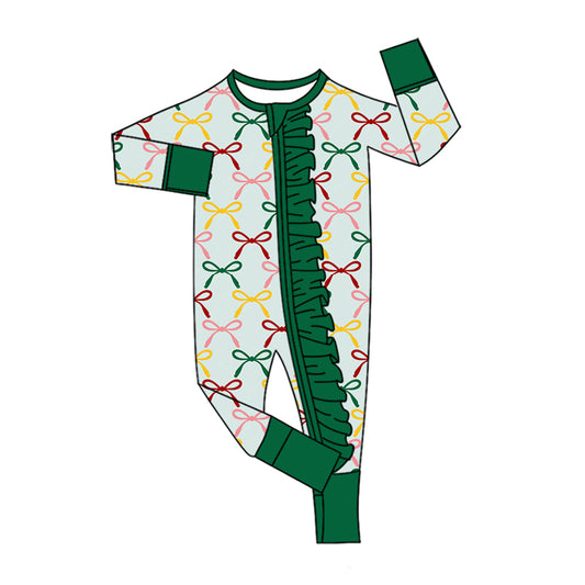 Preorder (moq 5) Baby Girls Colorful Bows Plaid Two Way Ruffle Zip Convertible Rompers