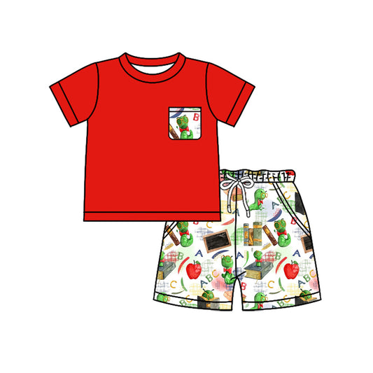Preorder (moq 5)Baby Boys Red Short Sleeves Pocket Top Caterpillar Apples Short Clothes Sets
