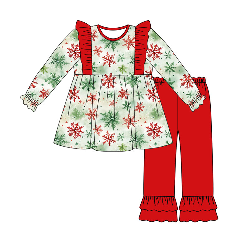 Preorder (moq 5)Baby Girls Long Sleeves Green Red Snowflake Tunic Ruffle Pants Set