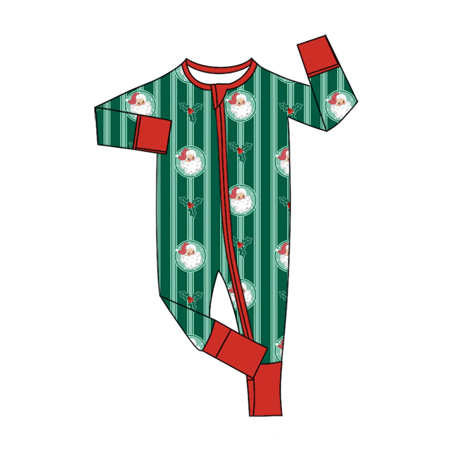 Preorder (moq 5) Baby Girl Clothes Christmas Santa Holly Stripe Print Long Sleeve Zipper Romper