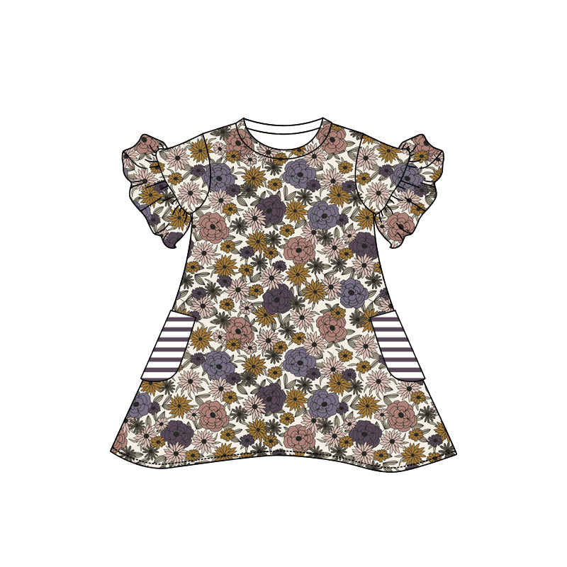 Preorder (moq 5)Baby Girls Short Ruffle Sleeve Colorful Flowers Pockets Knee Length Dress