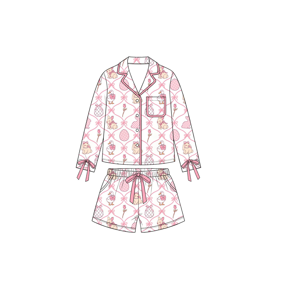 Preorder moq 5Girls’ Light Pink Bunny & Goose Bow Collared Long-Sleeve Pajama Top & Matching Elastic-Waist Shorts Set