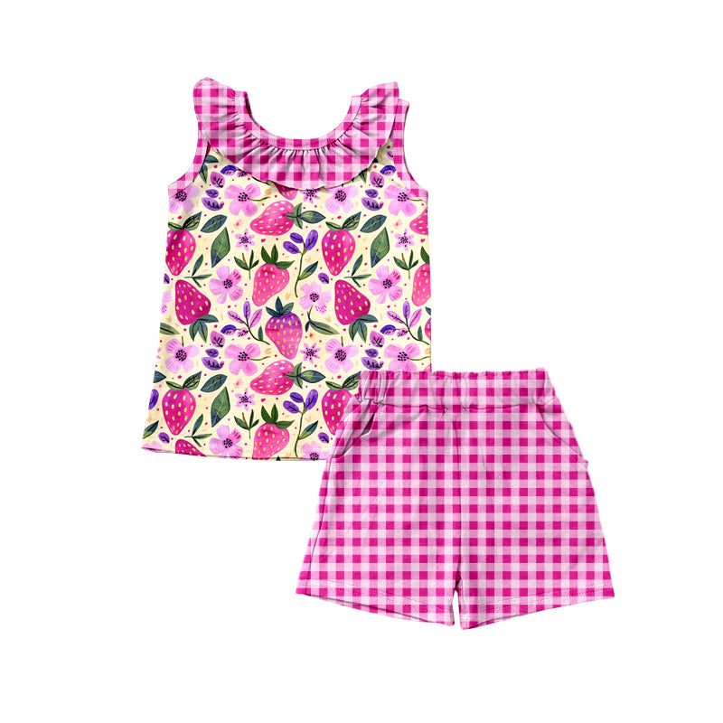 Preorder (moq 5)Baby Girls Strawberry Flowers Tops Checkered Shorts Clothes Sets