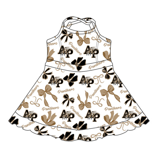 Preorder (moq 5)Baby Girls Brown Strap AP Bows Plaid Shorts Ruffle Team Knee Length Dresses