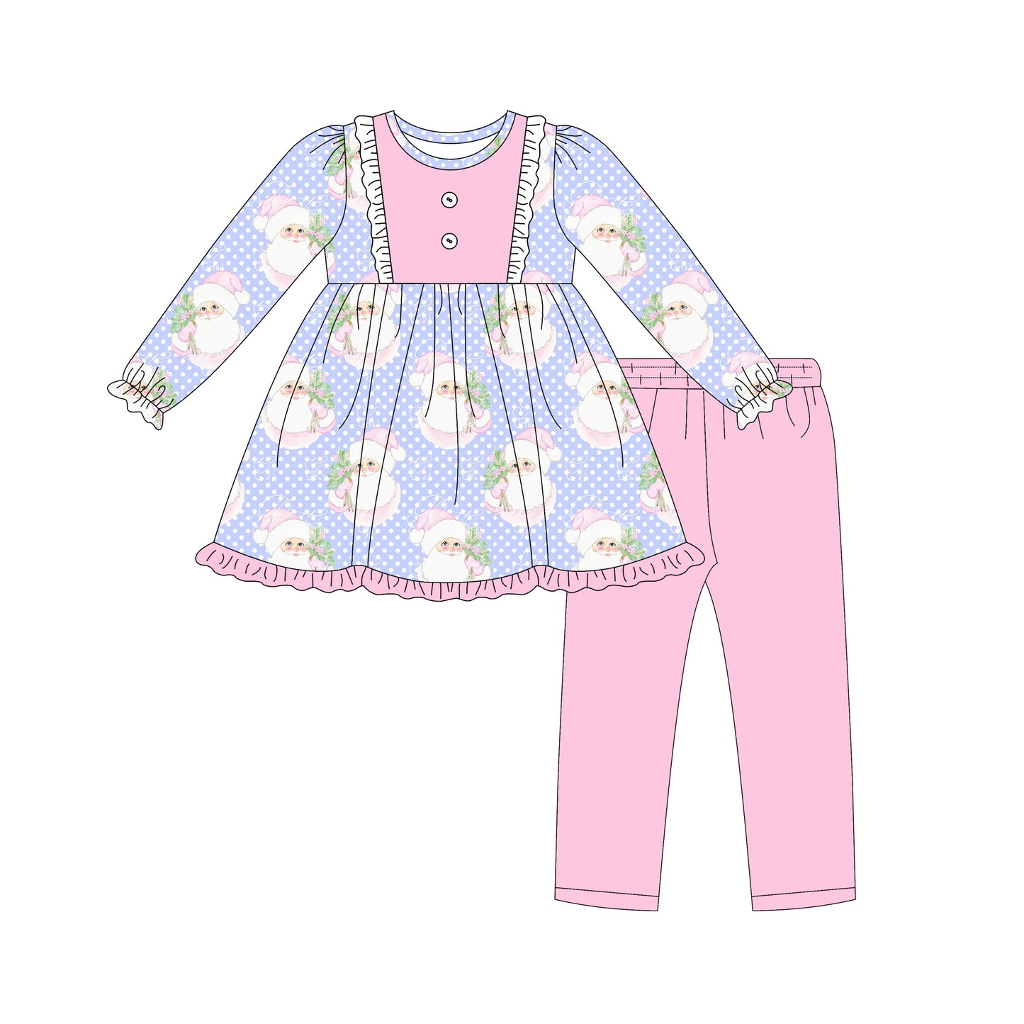 Preorder (moq 5)Baby Girls Long Ruffle Sleeves Polka Dots Santa Button Tunic Legging Pant Set