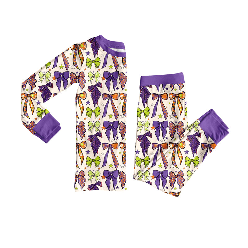 Preorder (moq 5)Baby Girls Long Sleeves Purple Bows Plaid Top Pant Pajamas Clothes Set