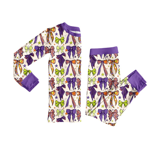 Preorder (moq 5)Baby Girls Long Sleeves Purple Bows Plaid Top Pant Pajamas Clothes Set