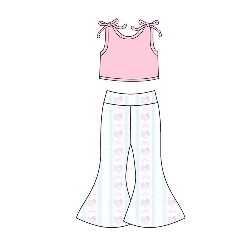 Preorder(moq 5) Baby Girls Pink Top Eggs Bows Stripes Bell Bottom Pants Easter Clothes Sets