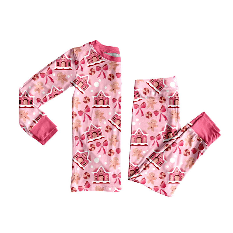 Preorder (moq 20)Baby Girls Bamboo Pink Houses Gingerbread Christmas Pajamas Sets