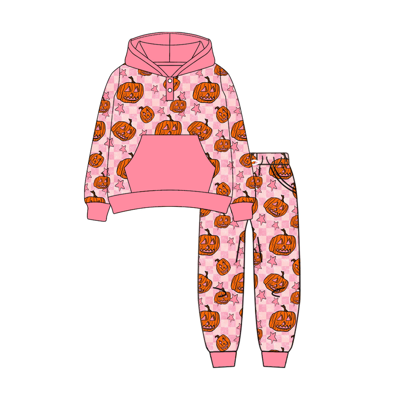 Preorder (moq 5)Baby Girls Pink Plaid Long Sleeves Star Pumpkins Button Pocket Hoodies Pant Set
