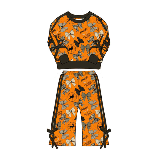 Preorder (moq 5)Baby Girls Bows Deer Top Pockets Flare Pants Hunting Clothes Sets