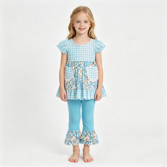 Baby Girls Blue Checked Flowers Pockets Tunic Ruffle Pant Clothes Sets