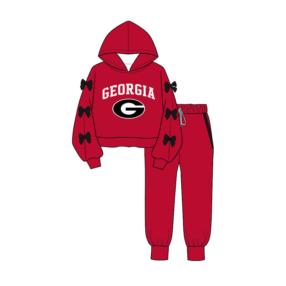 Preorder (moq 5) Baby Girls Bows Sleeves Georgia Hoodie Pockets Jogger Team Clothes Sets