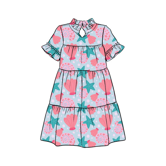 Preorder (moq 5)Baby Girls Green Pink Starfishes Shell Patchwork Knee Length Dress